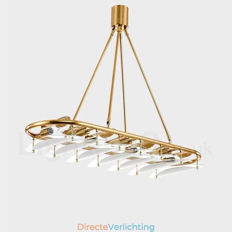 Moderne, eigentijdse 9-lichts hanglamp van messing met glazen kap