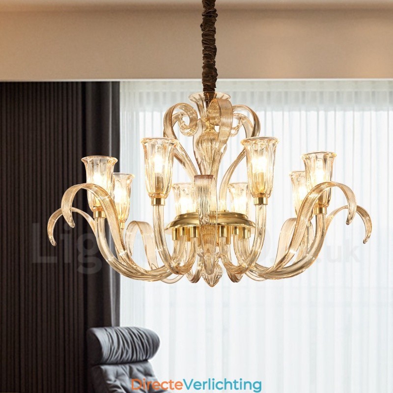 Moderne eigentijdse 8-lichts glazen kroonluchter met glazen kap