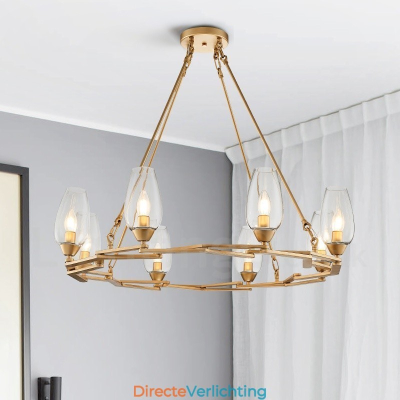 Moderne, eigentijdse hanglamp van staal met 8 lampen en glazen kap