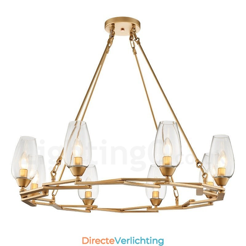 Moderne, eigentijdse hanglamp van staal met 8 lampen en glazen kap