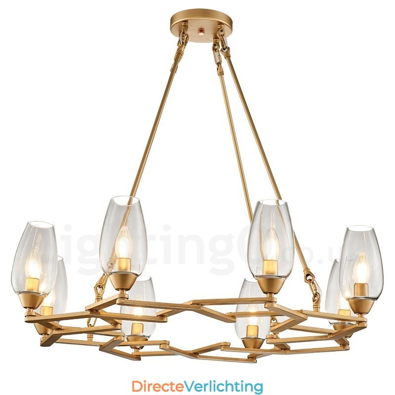 Moderne, eigentijdse hanglamp van staal met 8 lampen en glazen kap