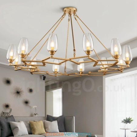Moderne, eigentijdse hanglamp van staal met 12 lampen en glazen kap Moderne, eigentijdse hanglamp van staal met 12 lampen en glazen kap
