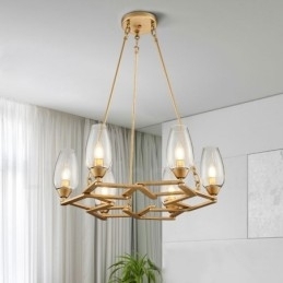 Moderne, eigentijdse hanglamp van staal met 6 lampen en glazen kap