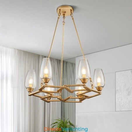 Moderne, eigentijdse hanglamp van staal met 6 lampen en glazen kap Moderne, eigentijdse hanglamp van staal met 6 lampen en glazen kap