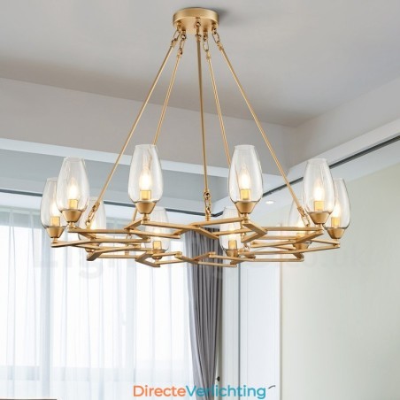 Moderne, eigentijdse hanglamp van staal met 10 lampen en glazen kap Moderne, eigentijdse hanglamp van staal met 10 lampen en glazen kap