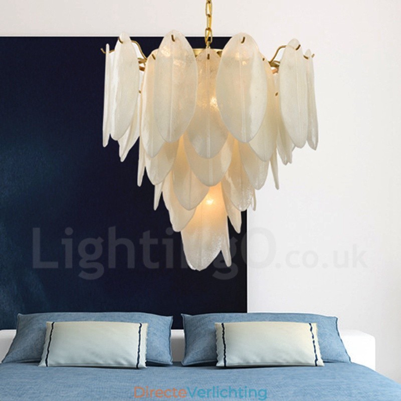 Moderne, eigentijdse hanglamp van staal met 6 lampen en glazen kap