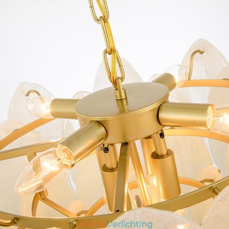 Moderne, eigentijdse hanglamp van staal met 6 lampen en glazen kap