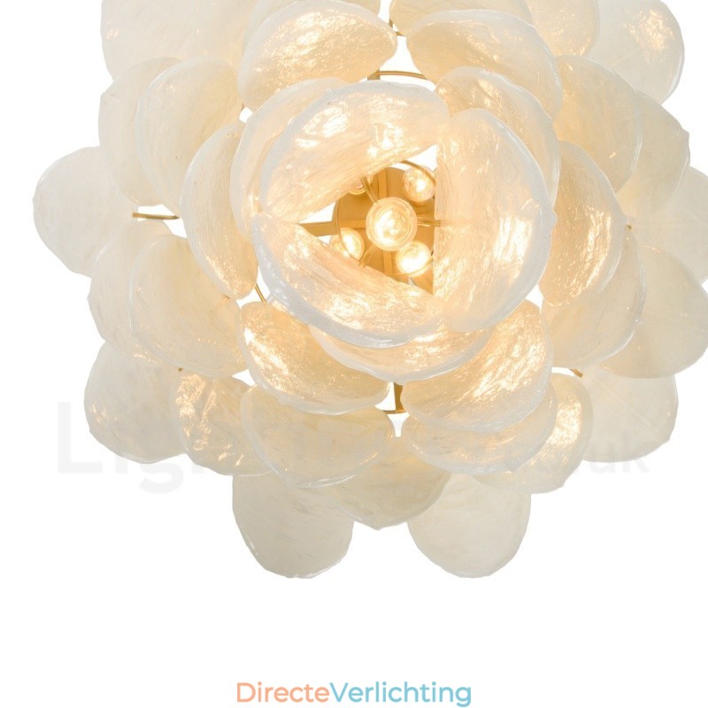 Moderne, eigentijdse hanglamp van staal met 6 lampen en glazen kap