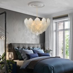 Moderne, eigentijdse hanglamp van staal met 4 lampen en glazen kap