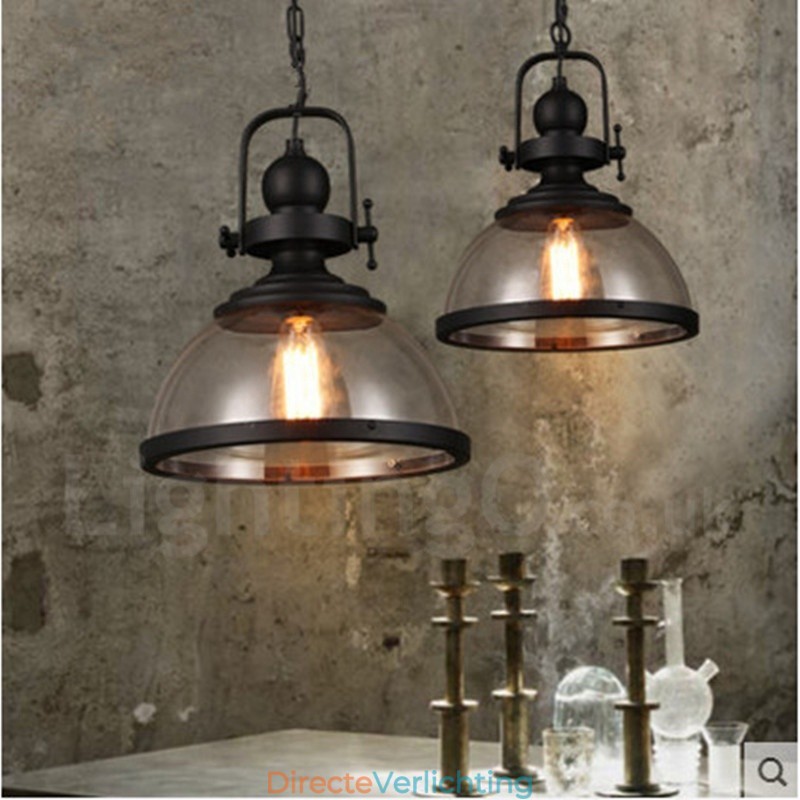 Retro 1-lichts stalen hanglamp met glazen kap