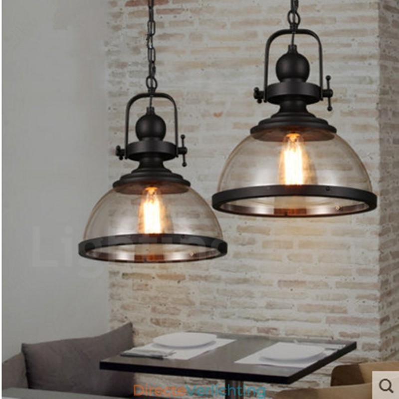 Retro 1-lichts stalen hanglamp met glazen kap