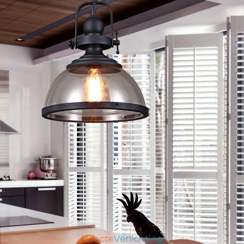 Retro 1-lichts stalen hanglamp met glazen kap