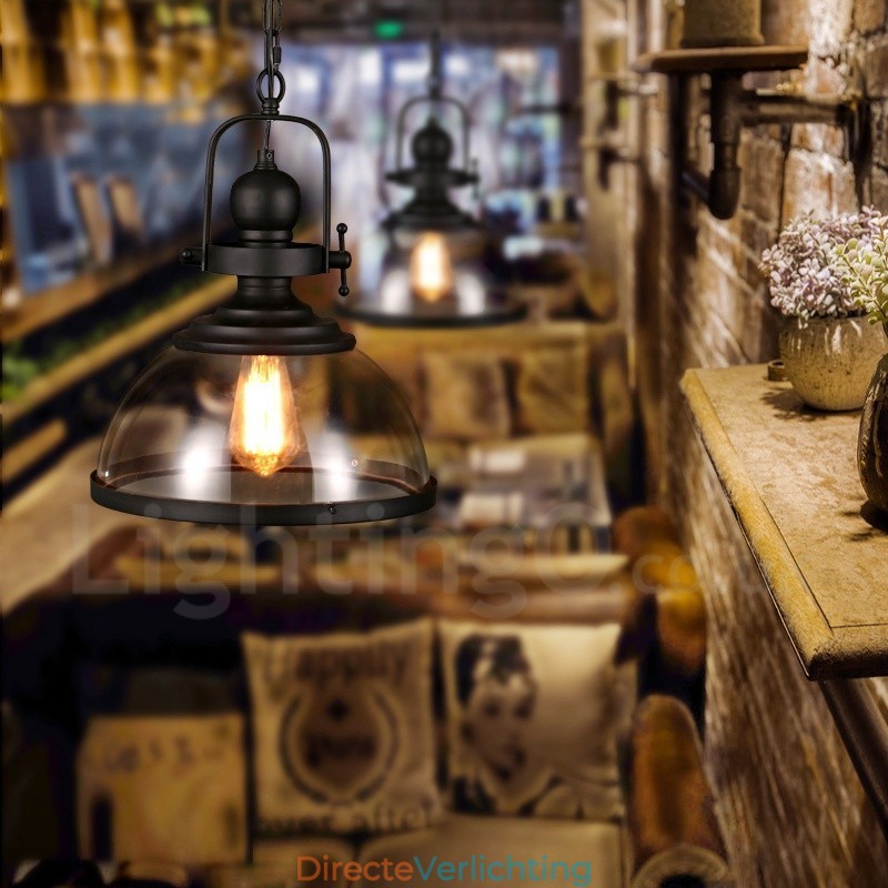 Retro 1-lichts stalen hanglamp met glazen kap