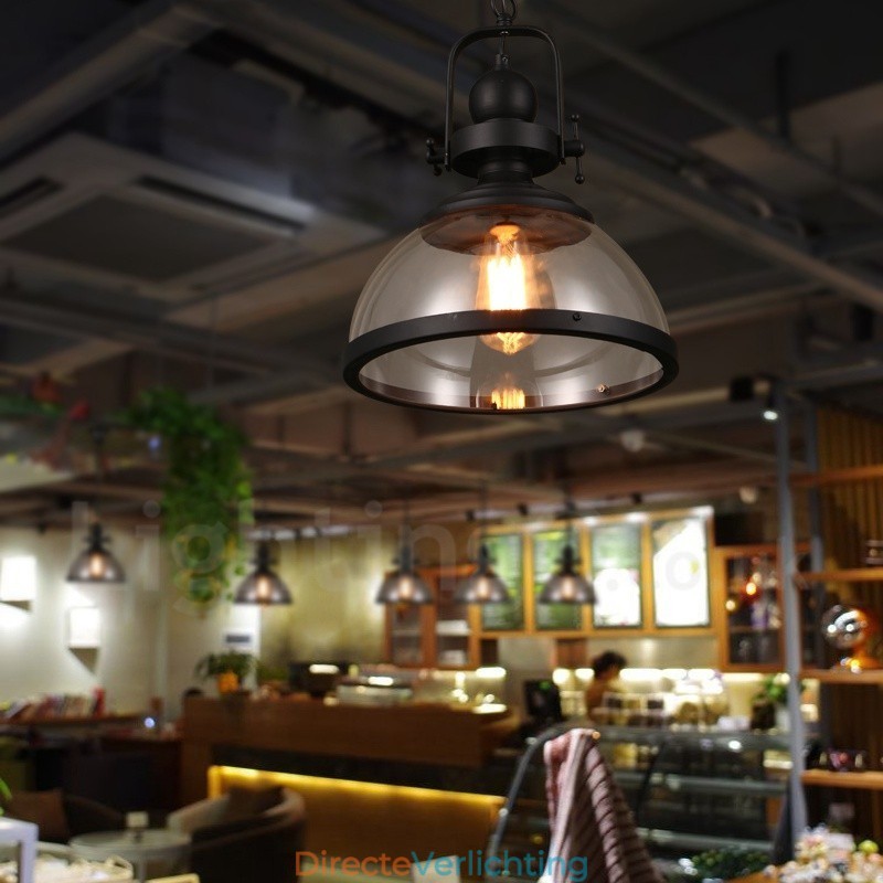 Retro 1-lichts stalen hanglamp met glazen kap