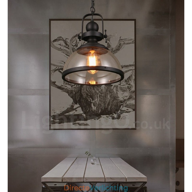 Retro 1-lichts stalen hanglamp met glazen kap