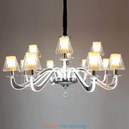 Dimbare moderne eigentijdse 12-lichts stalen kroonluchter met glazen kap Dimbare moderne eigentijdse 12-lichts stalen kroonluchter met glazen kap