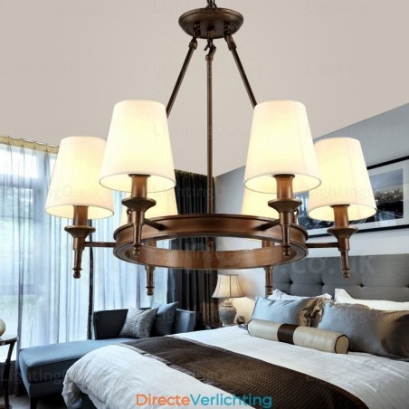 6-lichts hanglamp in Scandinavische landelijke stijl met stoffen kap 6-lichts hanglamp in Scandinavische landelijke stijl met stoffen kap