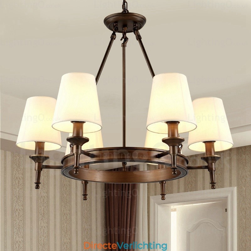 6-lichts hanglamp in Scandinavische landelijke stijl met stoffen kap