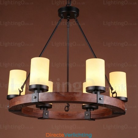 6-lichts landelijke, rustieke hanglamp met glazen kap 6-lichts landelijke, rustieke hanglamp met glazen kap