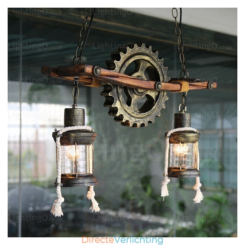 2-lichts landelijke rustieke vintage retro hanglamp met glazen kap