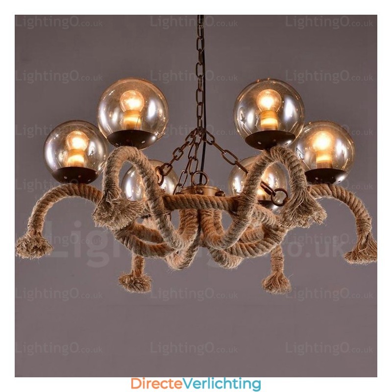 6-lichts vintage retro hanglamp met glazen kap