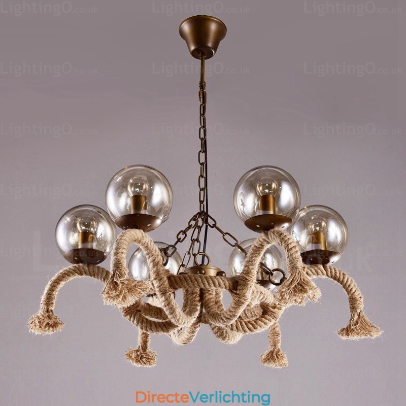 6-lichts vintage retro hanglamp met glazen kap