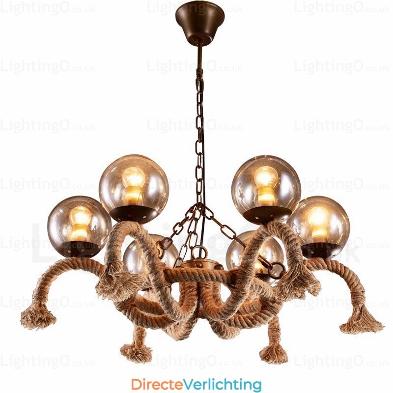 6-lichts vintage retro hanglamp met glazen kap