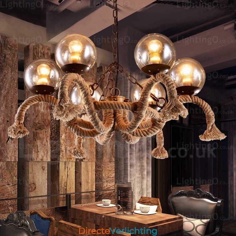 6-lichts vintage retro hanglamp met glazen kap