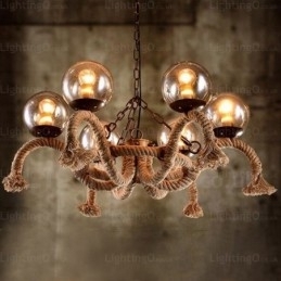 6-lichts vintage retro hanglamp met glazen kap