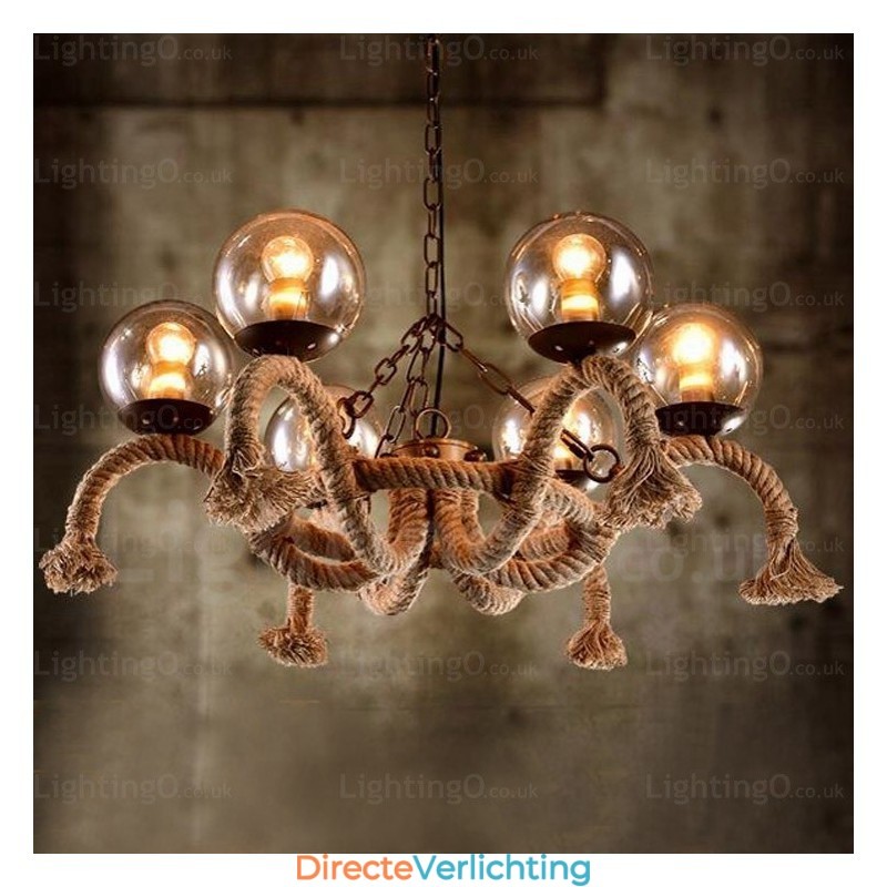 6-lichts vintage retro hanglamp met glazen kap