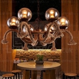 6-lichts vintage retro hanglamp met glazen kap