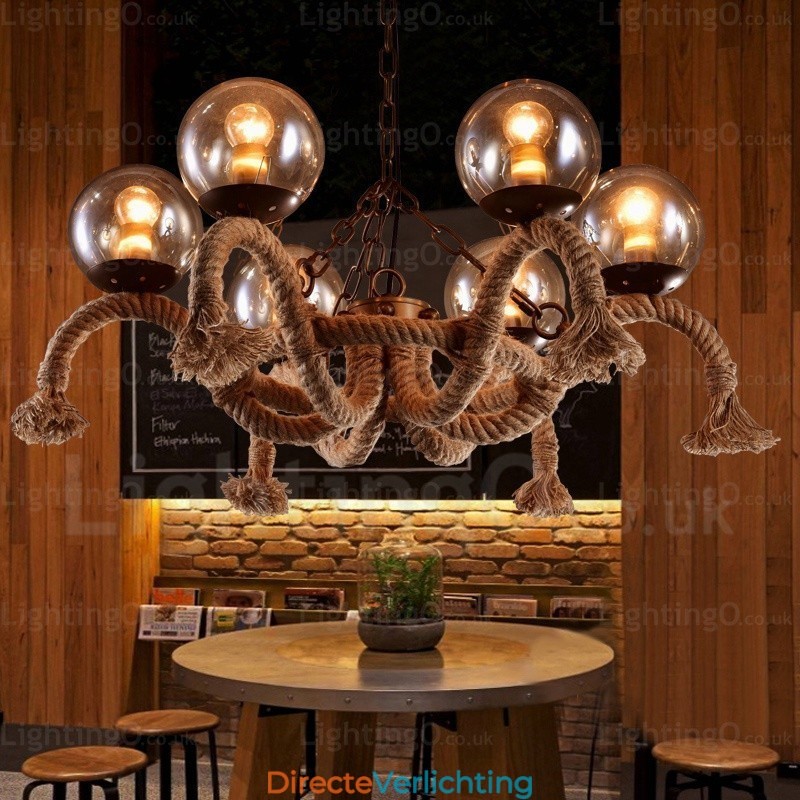 6-lichts vintage retro hanglamp met glazen kap
