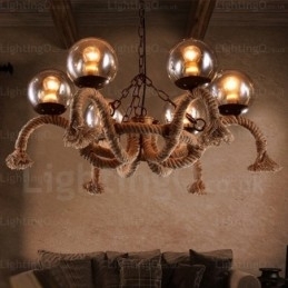 6-lichts vintage retro hanglamp met glazen kap