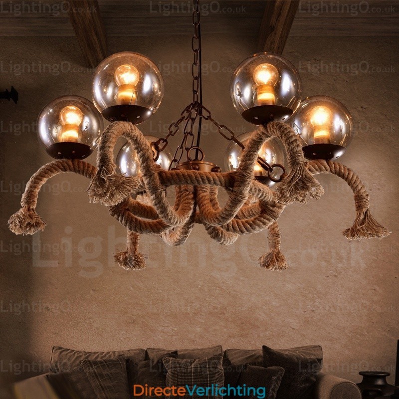 6-lichts vintage retro hanglamp met glazen kap