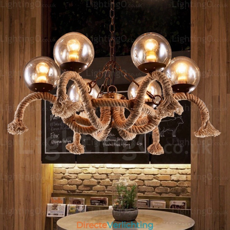 6-lichts vintage retro hanglamp met glazen kap