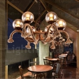 6-lichts vintage retro hanglamp met glazen kap