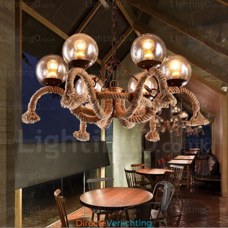 6-lichts vintage retro hanglamp met glazen kap