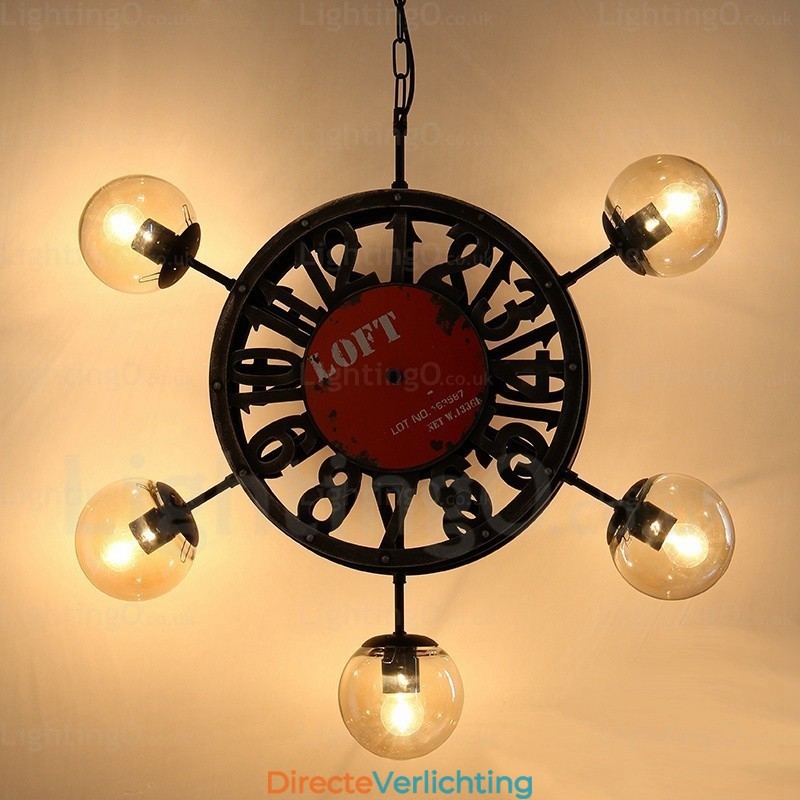 5-lichts vintage retro hanglamp met glazen kap
