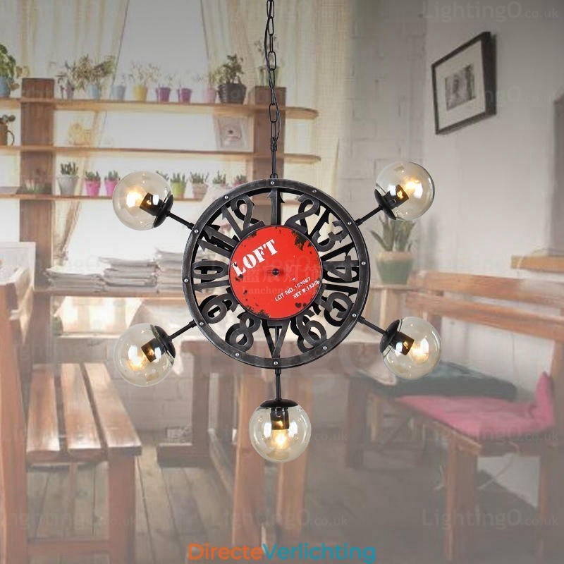 5-lichts vintage retro hanglamp met glazen kap