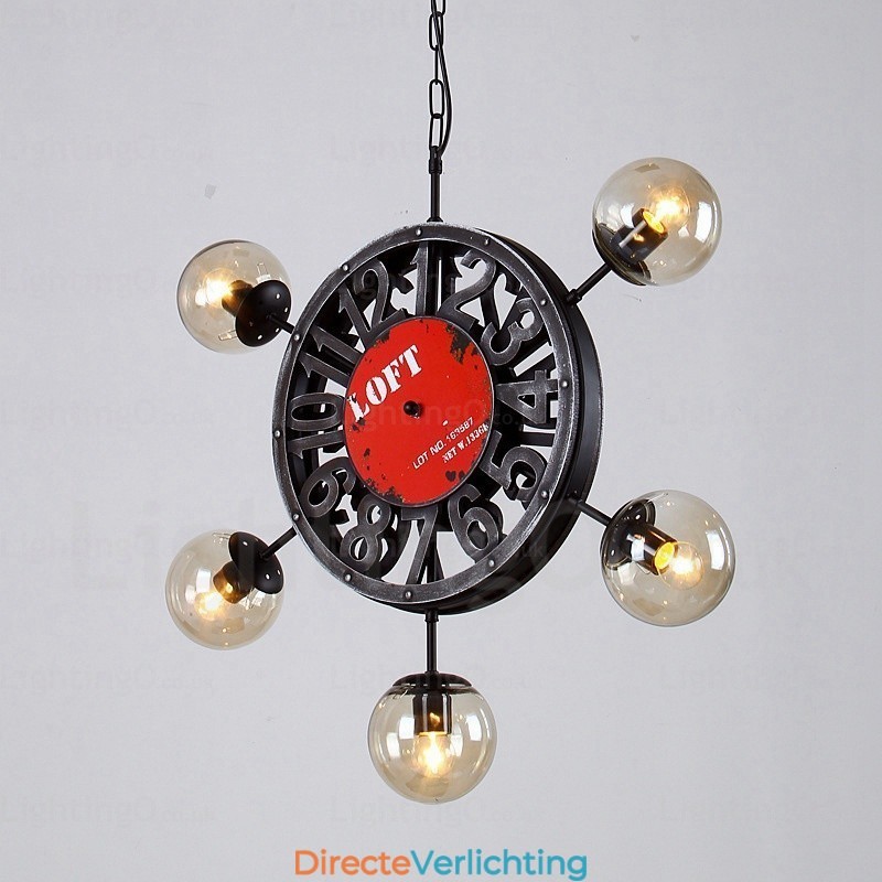 5-lichts vintage retro hanglamp met glazen kap