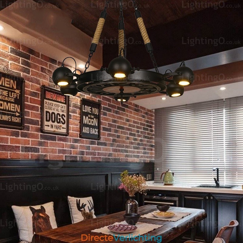 6-lichts vintage retro hanglamp met roestvrijstalen kap