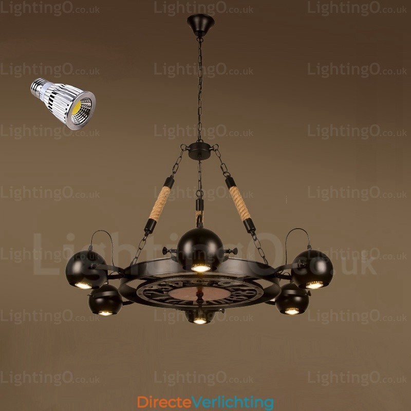 6-lichts vintage retro hanglamp met roestvrijstalen kap