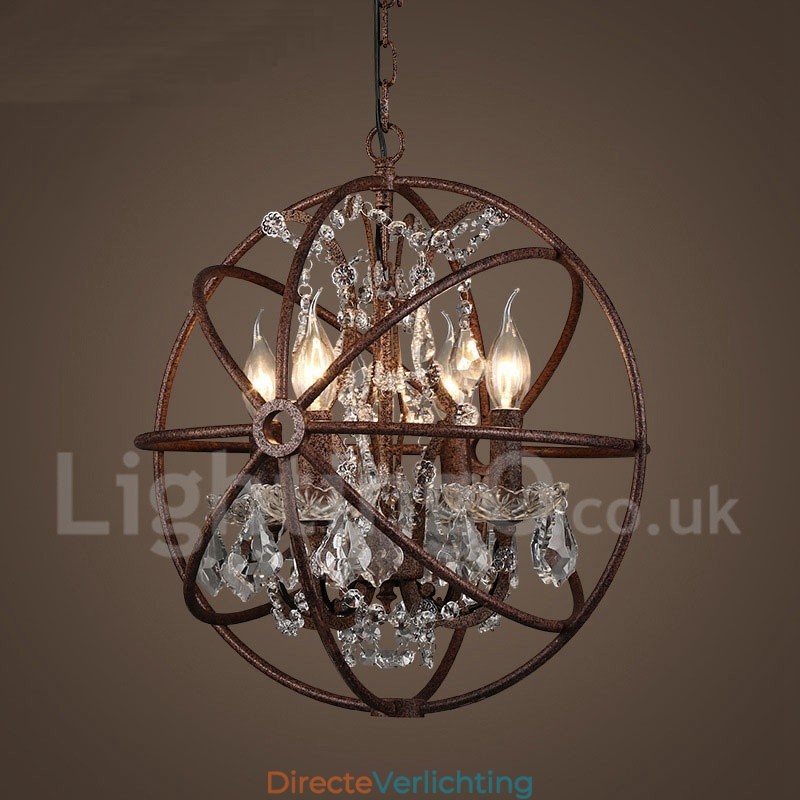 4 Lichts Diameter 40CM Vintage Kristallen Wereldbol Schilderij Metalen Kroonluchter Roestige Kleur Hanglamp