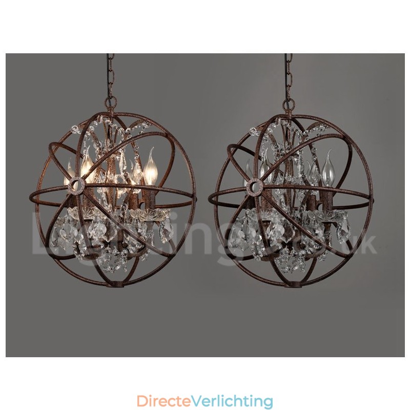 4 Lichts Diameter 40CM Vintage Kristallen Wereldbol Schilderij Metalen Kroonluchter Roestige Kleur Hanglamp