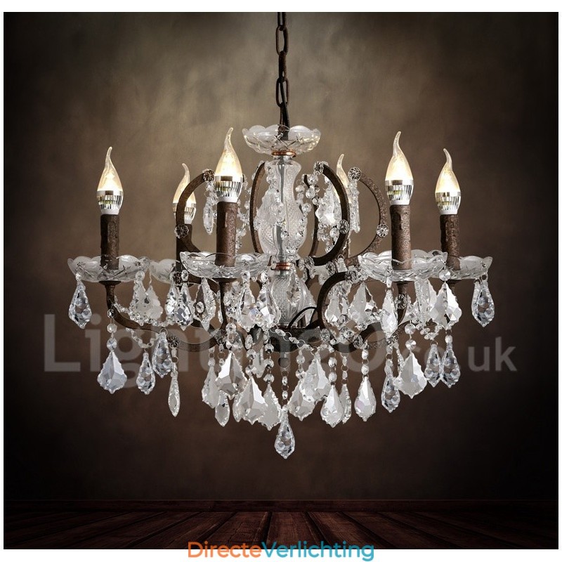 6 Lichts Diameter 60CM Vintage Kristal Schilderij Metalen Kroonluchter Roestig IJzer Kleur Hanglamp