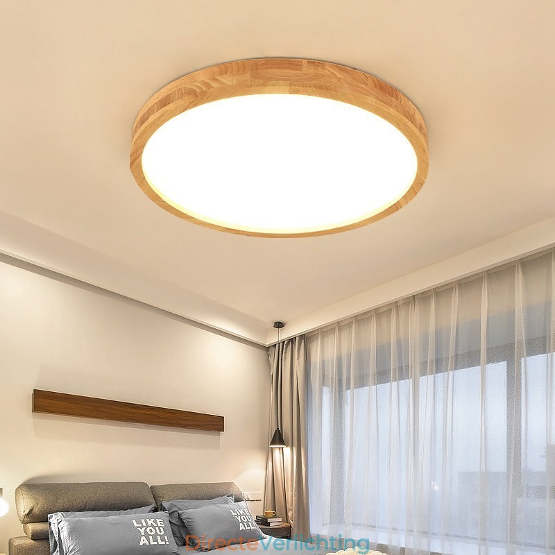 Ultradunne ronde plafondlamp van hout, plafondlamp van massief hout en acryl, Nordic Lights