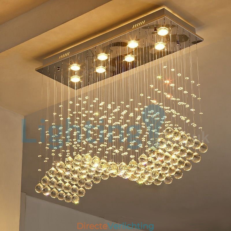 Moderne eigentijdse kroonluchter, plafondlamp, kristallen regendruppellamp