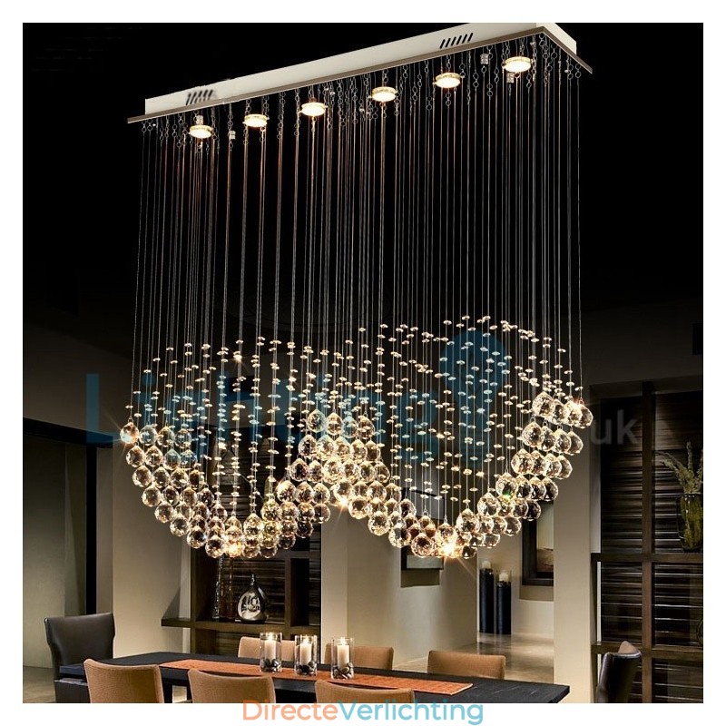 Moderne eigentijdse kroonluchter, plafondlamp, kristallen regendruppellamp