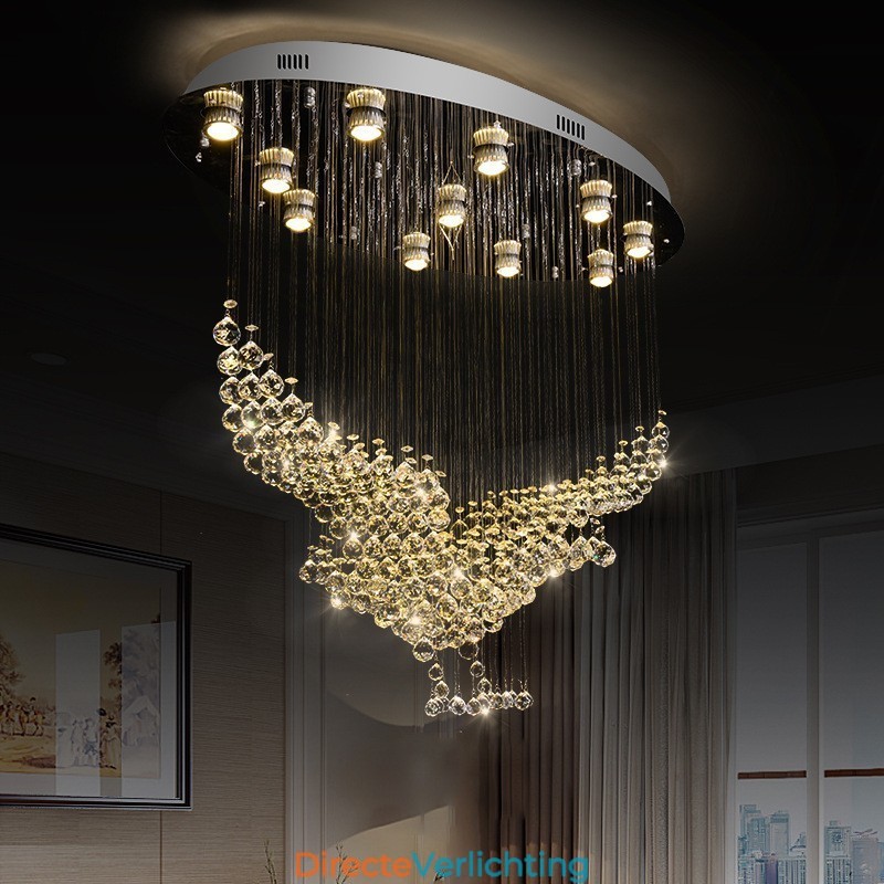 Moderne eigentijdse kroonluchter, plafondlamp, kristallen regendruppellamp