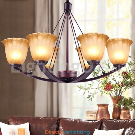 Rustieke 6-lamps glazen lampenkap roestvrijstalen kroonluchter Rustieke 6-lamps glazen lampenkap roestvrijstalen kroonluchter